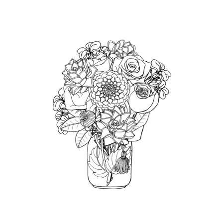 Hand drawn doodle style bouquets of different flowers: succulent,rose,dahlia,stock flower. isolated on white background. stock vector illustrationのイラスト素材