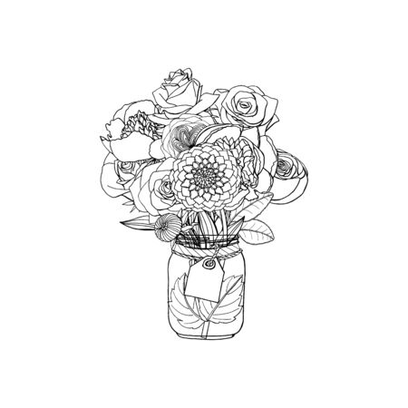 Hand drawn doodle style bouquets of different flowers isolatedのイラスト素材