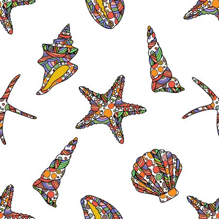 seamless zen art style pattern with starfish and conch shells on white backgroundのイラスト素材