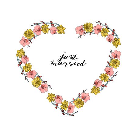 Hand drawn doodle style heart shaped wreath with custom hand lettering just married.. floral design element. isolated on white background. stock vector illustrationのイラスト素材
