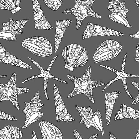 seamless pattern in zen art style with conch shells and starfish on gray background. stock vector illustration. black and white monochromeのイラスト素材