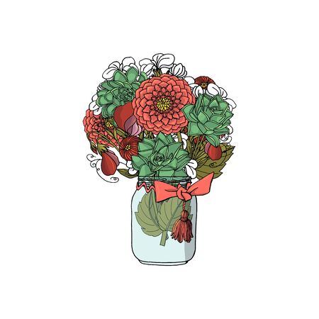 Hand drawn doodle style bouquets of different flowers: succulent,peony,dahlia,stock flower,sweet pea. isolated on white background. stock vector illustrationのイラスト素材