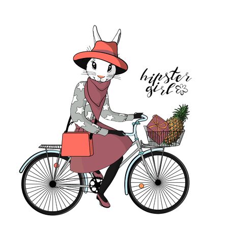 Beautiful young hipster girl with a bunny head and tail in stylish vintage outfit riding vintage hipster bicycle with basket. isolated on white background. stock vector illustration.のイラスト素材