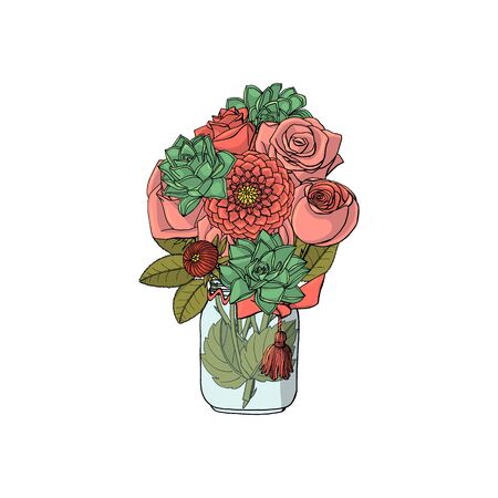 Hand drawn doodle style bouquets of different flowers: succulent,rose,dahlia. isolated on white background. stock vector illustrationのイラスト素材