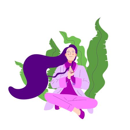 Flat style girl with long hair sitting crossed legged with prayer gesture in beautiful countryside,  lanscape with mountains and river, stock vector illustration..のイラスト素材