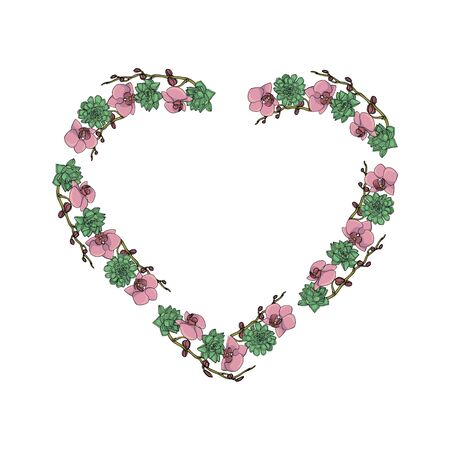 Hand drawn doodle style succulent and orchid flowers .heart shaped wreath. floral design element. isolated on white background. stock vector illustrationのイラスト素材