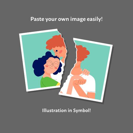 Torn photo of a couple template. Divorce, break up, end of relationship concept. Flat style stock vectorのイラスト素材