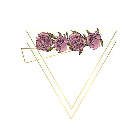 Hand drawn doodle style violet peony flower wreath with polygonal garland, vintage geometric frame, floral design element. isolated on white background. stock vector illustrationのイラスト素材