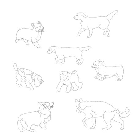 Set of black and white multiple breed dogs, corgi, retriever, shepherd, terrier, spaniel. Isolated on white background. Flat style cartoon stock vector illustration..のイラスト素材
