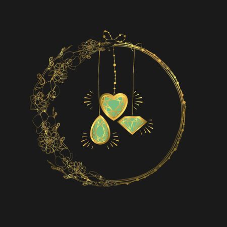 Hand drawn doodle style succulent and orchid flowers .golden wreath. floral design element. isolated on black background. stock vector illustrationのイラスト素材