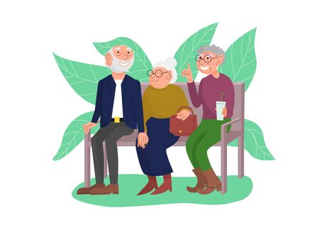 Three old friends sit on bench in park, happy elderly people enjoying outdoors, cheerful friendly chat of retired couple and friend. Isolated on white background. Flat style stock vector illustration.のイラスト素材