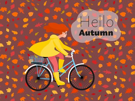 Beautiful girl in yellow raincoat rides bicycle in nature under rain, bike travel in park. Stock vector illustration.のイラスト素材