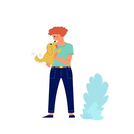 Happy man holds a dog in arms outdoors. Flat style stock vector illustration isolated on white background.のイラスト素材