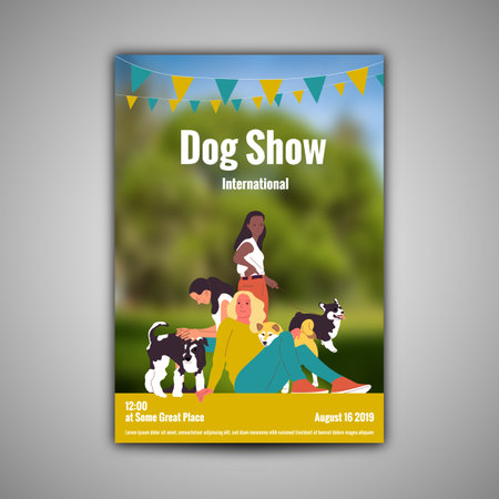 Poster template for dog show with three girls with their dogs, shiba inu, corgi, terrier. Flat style cartoon stock vector illustration.のイラスト素材