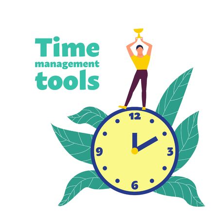 Time management concept. Man holds golden cup standing on big clock. Time management tools text. Flat style stock vector illustration. Isolated on white background.のイラスト素材
