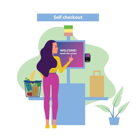 Female customer uses self checkout counter in supermarket, self service lane in grocery store. Flat style stock vector illustrationのイラスト素材