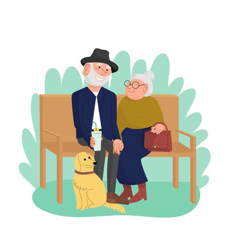 Caucasian old married couple with dog are sitting on bench in park, happy elderly people enjoying outdoors. White background. Flat style stock vectorのイラスト素材