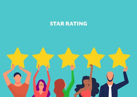 Customer feedback concept art, many people hold yellow rating stars. Copy space. Text star rating....