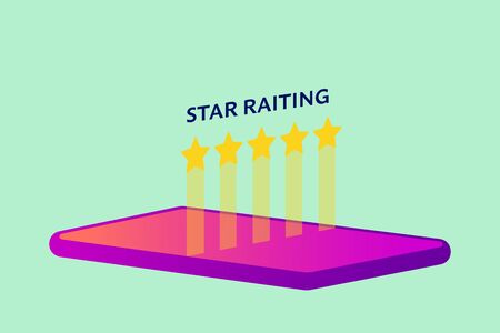 Five yellow stars over screen of smart phone or generic electronic device. on blue background. Flat style stock vector illustrationのイラスト素材