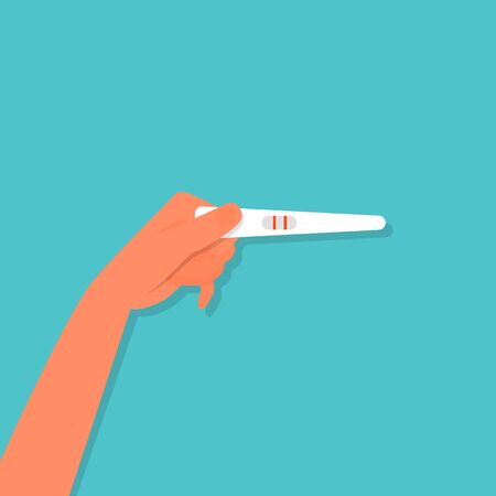 Hand of caucasian woman holding pregnancy test with positive result. Blue background. Flat style stock vector.のイラスト素材