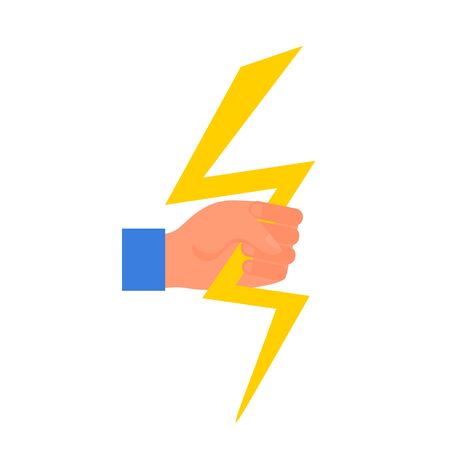 Caucasian human hand holding yellow thunderbolt in fist. Concept of energy and stregth. Isolated on white background. Flat style stock vector illustrationのイラスト素材