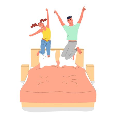 Smiling happy couple of guy and girl are jumping on a bed. Isolated on white background. Flat style stock vector illustration.のイラスト素材