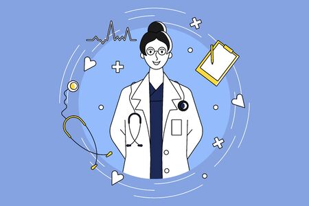 Portrait of female cardiologist doctor with items flying around. Blue background. Flat vector.のイラスト素材