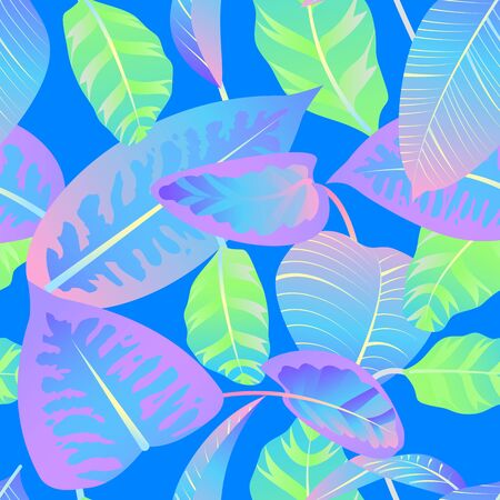 Seamless pattern with neon gradient tropical leaves. Vector illustrationのイラスト素材