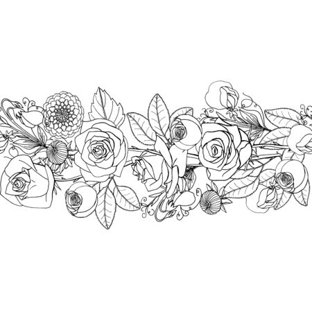 Hand drawn doodle style rustic bouquet seamless brush. Endless floral border. Boho wedding decoration. Isolated on white background. Stock vector illustration.のイラスト素材