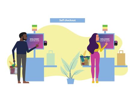 Female and male customers use self checkout counter in supermarket, self service lane in grocery store. Flat style stock vector illustration.のイラスト素材