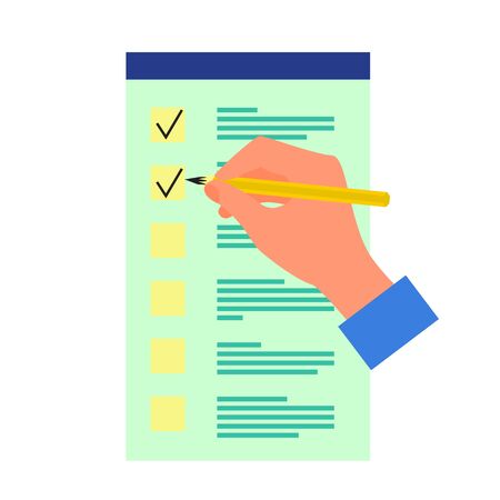 Caucasian human hand holding yellow pencil and checking the box in to do list. Isolated on white background. Flat style stock vector illustration.のイラスト素材
