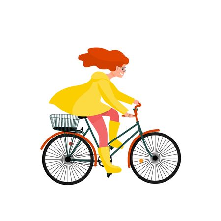 Beautiful girl in yellow raincoat rides bicycle, bike travel clip art. Stock vector illustration.のイラスト素材
