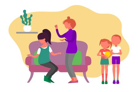 Caucasian couple of two women quarrel, wife is humiliating older sister. Boy and girl siblings witnessing adults fight, brother and sister are upset. Flat style stock vector illustration.のイラスト素材