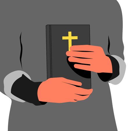 Priest holding holy bible in hands, closeup of book. Blue background. Flat vector illustration.のイラスト素材