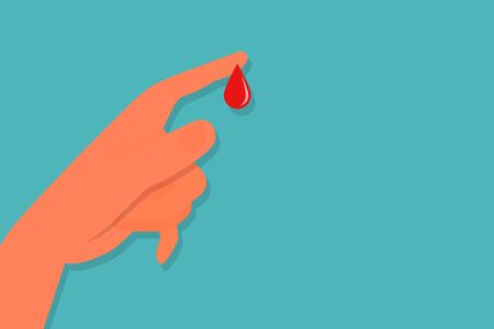 Blood analysis concept, human hand with drop of blood on tip of finger. Blue background. Flat vector illustration.のイラスト素材