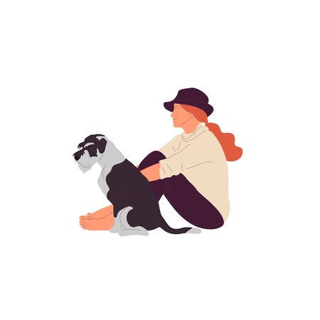 Girl is sitting with a terrier dog outdoors. Isolated on white background. Flat style cartoonのイラスト素材