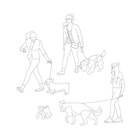 Set of three girls walking with dogs on a leash. Isolated on white background. Flat style cartoon stock vector illustration.のイラスト素材