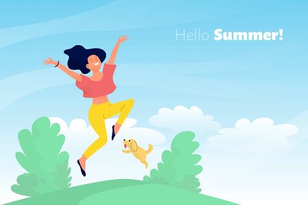 Beautiful girl with a dog is jumping, web banner, hello summer text, stock vector illustrationのイラスト素材