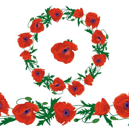 Hand drawn red poppy flowers clipart. Floral design elements seamless brush border and wreath. Isolated on white background. Vector illustrationのイラスト素材
