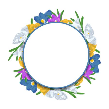 Round banner decorated with hand drawn colorful crocus flowers. Isolated on white background. Vector illustration.のイラスト素材