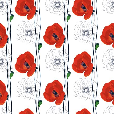 Seamless pattern with hand drawn red poppy flowers on white background. Vector illustration.のイラスト素材
