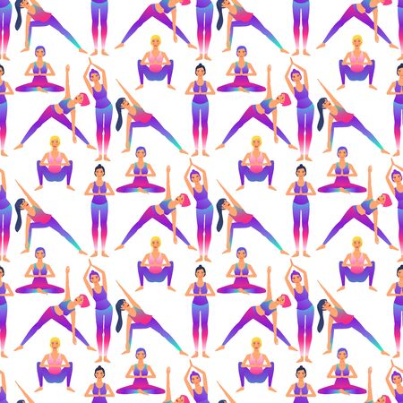 Seamless pattern with beautiful girls doing yoga poses. On white backgroundのイラスト素材