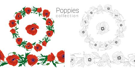 Hand drawn colorful and monochrome poppy flowers circular wreath and seamless brush. Floral design element. Isolated on white background. Vector illustration.のイラスト素材
