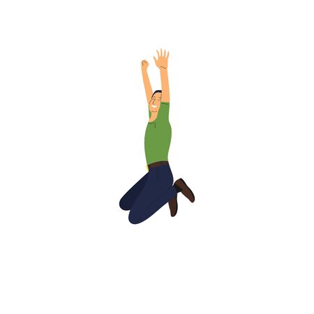 Cheerful asian man jumping in joy. Isolated on white background. Flat style vector illustration.のイラスト素材