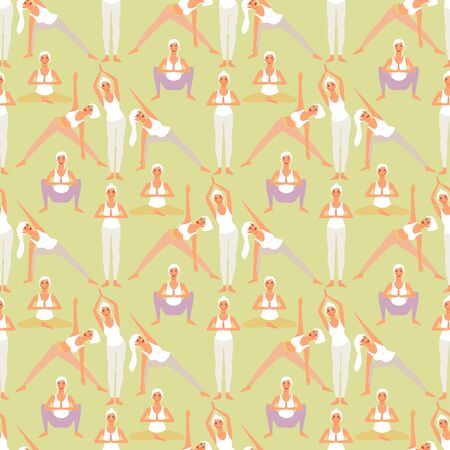 Seamless pattern with beautiful girls doing yoga poses. Pastel colors. On light green background.のイラスト素材