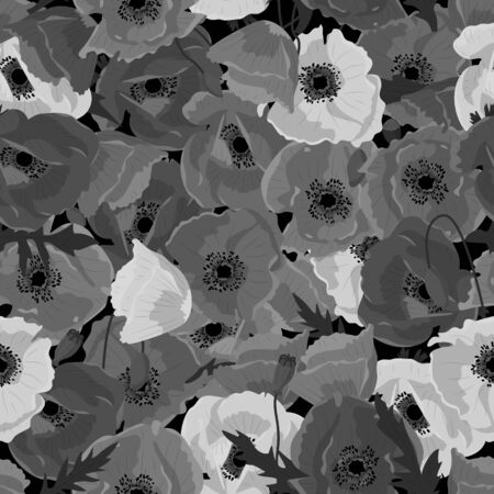 Monochrome floral seamless pattern with hand drawn poppy flowers on white background. Stock vector illustration.のイラスト素材