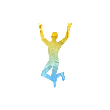 Silhouette of man jumping. Watercolor texture. Isolated on white background. Flat style vector illustration.のイラスト素材