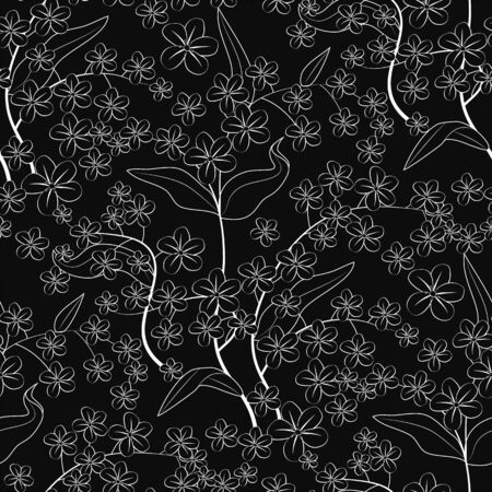 Monochrome floral seamless pattern with forget-me-not flowers on black background. Stock vector illustration.のイラスト素材