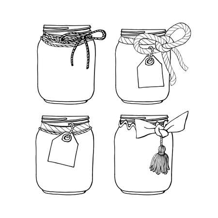 Set of hand drawn mason jars with bows and tags. Stock vector illustrationのイラスト素材