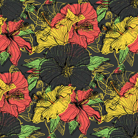 Colorful floral seamless pattern with hand drawn hibiscus flowers on dark gray background. Stock vector illustration.のイラスト素材